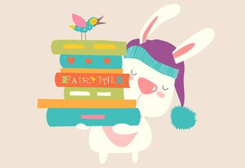 Vektorillustration, Hase mit Mütze trägt Bücherstapel, ein kleiner Vogel sitzt auf den Büchern