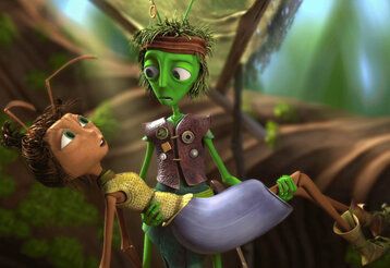 Animationsfilm, grüner Ameisenmann, der aussieht wie Sylvester Stallone, trägt eine Ameisenfrau, im Hintergrund Wald