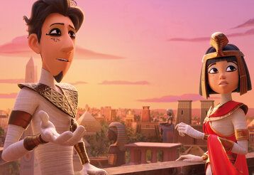 Animationsfilm, Schöner Mann und schöne Frau – Mumien – stehen auf einer ägyptischen Dachterrasse, im Sonnenuntergang