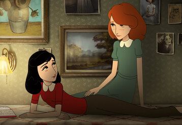 Zeichentrickfilm, ein Mädchen liegt mit dem Tagebuch auf einem Bett, ein anderes sitzt daneben, sie unterhalten sich und gucken traurig